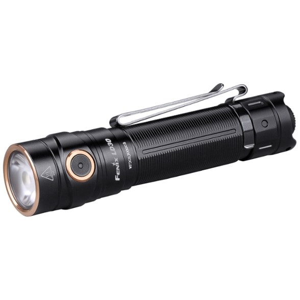Fenix LD30 Pro compact tactical flashlight with rechargeable battery angled view