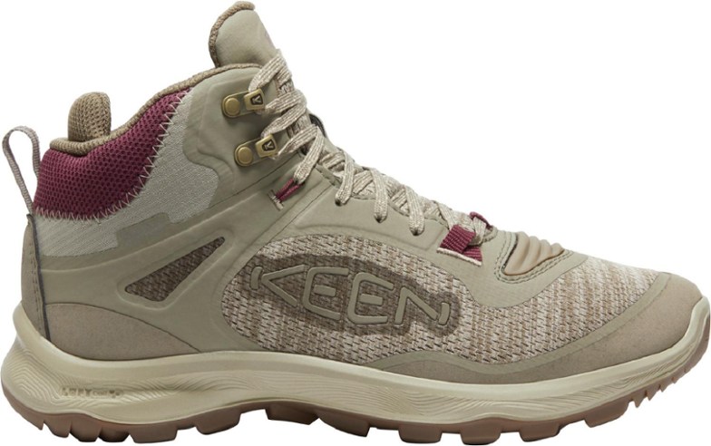 Keen Flex Mid Waterproof Hiking Boots for Women in action on a rocky trail.