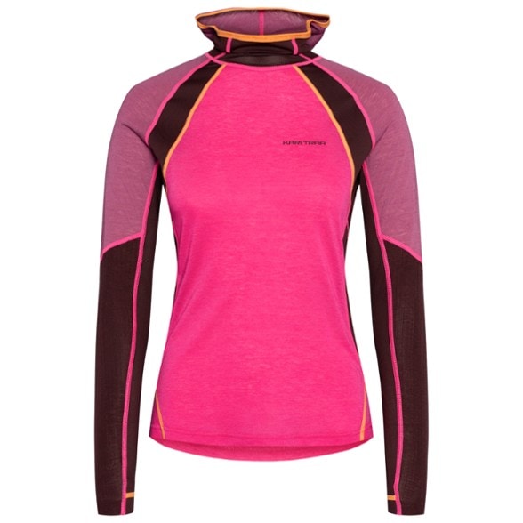 Front view of women's base layer with hood and thumbholes in action on snow-covered terrain