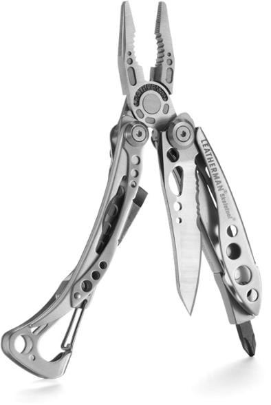 Close-up of the Leatherman Skeletool multi-tool demonstrating its stainless steel finish and blade.
