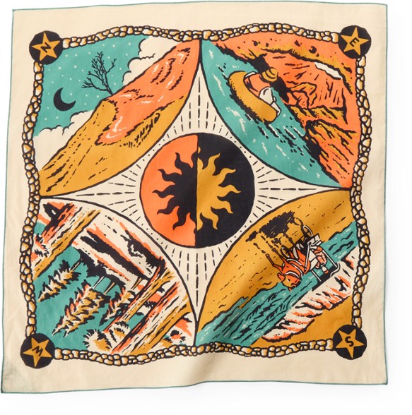 Folded organic cotton bandana with nature-inspired illustration, ideal for hiking