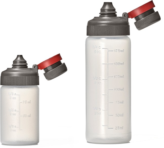 Close-up of the Adventure-Ready leakproof squeeze bottle duo, showcasing the measurement markings and attached caps.