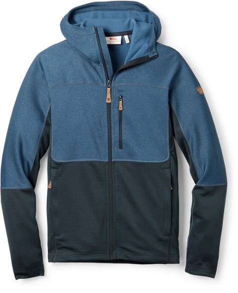 Men's lightweight fleece jacket displayed outdoors, ideal for hiking and summer evenings.