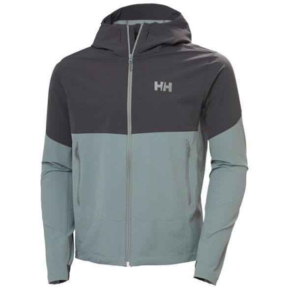 Helly Hansen Blaze Men's Soft-Shell Jacket with adjustable hood, showcasing its flexibility and water resistance.