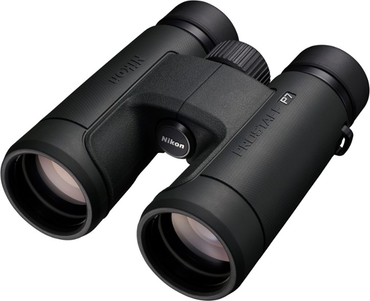 Front angled view of Nikon binoculars showcasing 10x42 lenses and rubber-armored grip.