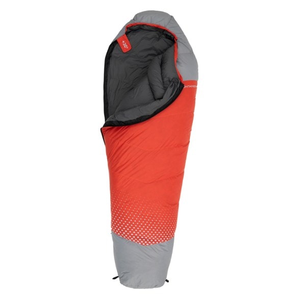 Close-up of the ALPS Mountaineering Zenith 30 sleeping bag emphasizing its hydrophobic down and nylon fabric.