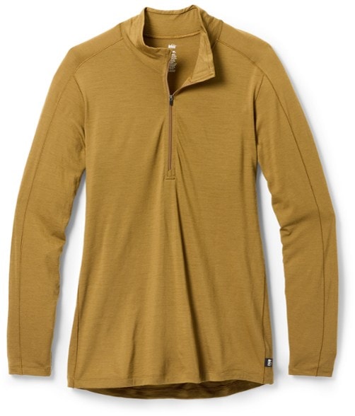 Front view of women's merino wool base layer top, showcasing the half-zip feature.