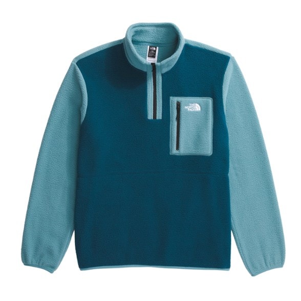 Front view of men's North Face pullover featuring zip chest pocket and cozy fleece texture.