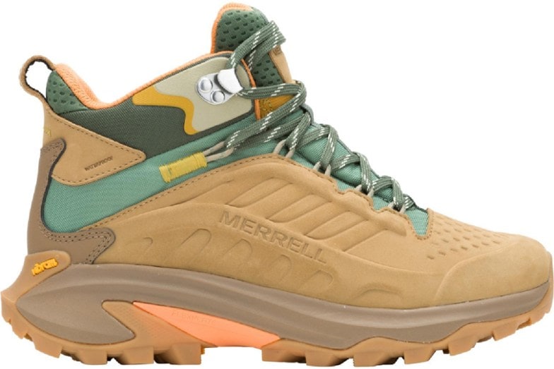 Side view of Merrell Moab Speed 2 Women's Waterproof Hiking Boots on a rocky trail.