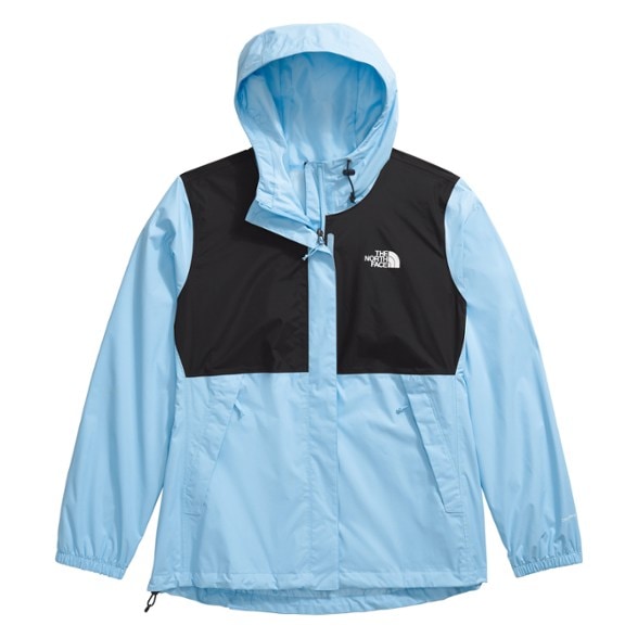 Front view of The North Face Women's Plus Size Antora Waterproof Jacket featuring the adjustable hood and zipper pockets.