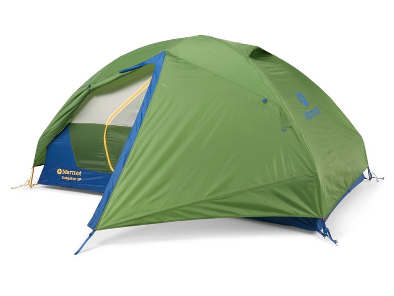 Marmot Tungsten 2P tent with double doors open, showcasing interior space.
