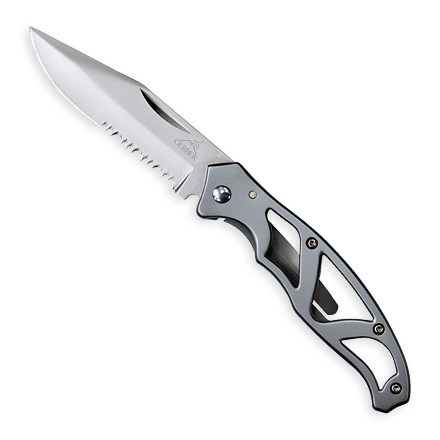Close-up of Gerber MicroFrame pocket knife partially open, showcasing the black serrated blade