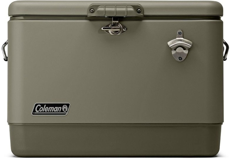 Sleek stainless steel cooler with bottle opener, perfect for beach outings.