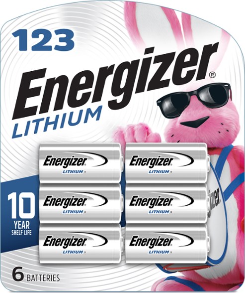 Energizer 123 lithium batteries package of 6, showcasing the front label and packaging.