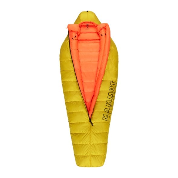 Mammut Women's sleeping bag showcasing the mummy shape and zipper baffle for heat retention.
