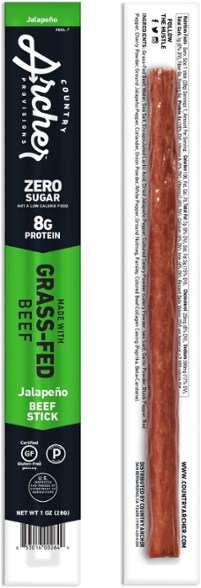 Close-up of a spicy jalapeno beef stick showcasing its texture and ingredients.