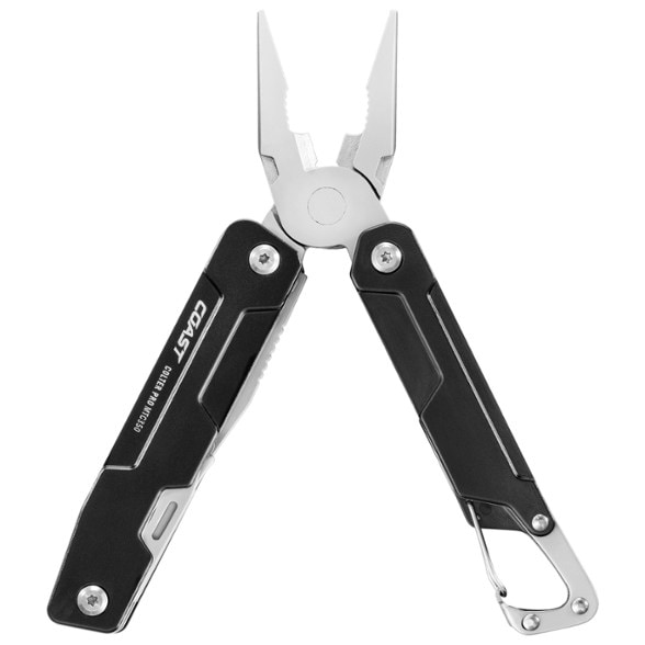 Adventurer's Choice Pro Multi-Tool with carabiner attached, showcasing its compact design for outdoor use.