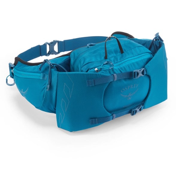 Front view of Osprey Talon 6 waist pack showing zippered main compartment and padded bottle sleeves, ideal hiking gear for men