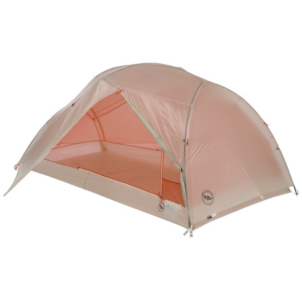 Front view of Copper Spur 2 Platinum lightweight tent pitched in forest, showcasing freestanding poles and spacious vestibules