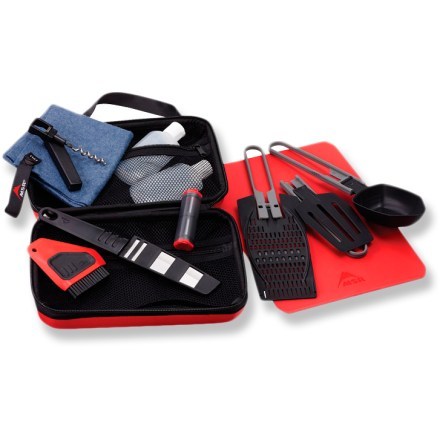 TrailMaster Ultra camping cookware set with case in rugged outdoor setting