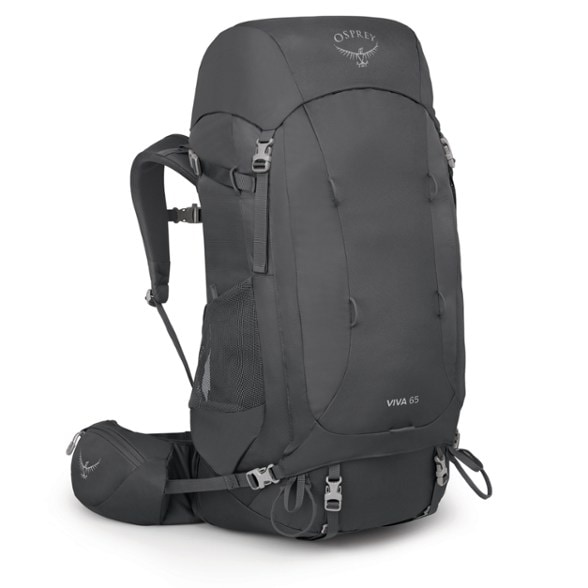 Front view of Osprey Viva 65 Extended Fit women's hiking backpack showing top-loading design and hydration sleeve port