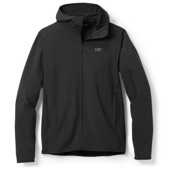 Men's Arc'teryx Kyanite fleece hoodie showing the low-profile hood and zipper details.