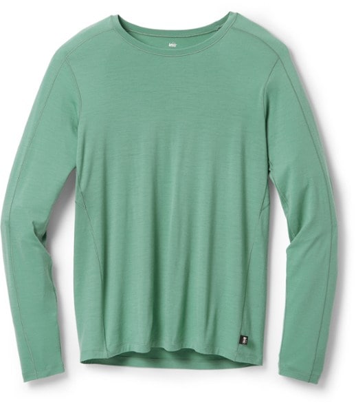 Front view of men's long sleeve shirt made from merino wool base layer, ideal outdoor performance clothing