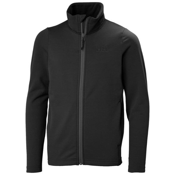 Front view of warm kids jacket for skiing with grid fleece fabric and YKK zippers