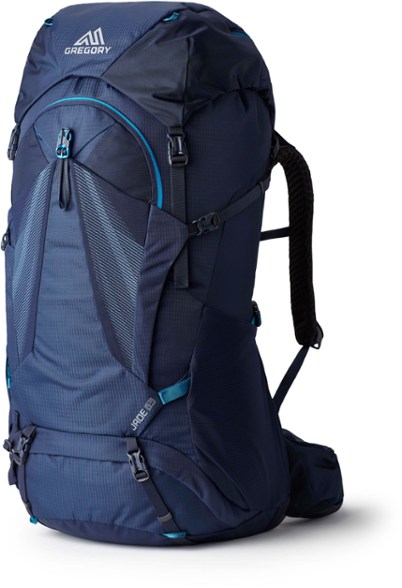 Front angle view of JadeTrail 63L showing harness system and mesh back panel for airflow — top pick for women's backpacks.