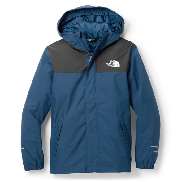 Durable rain jacket for boys with a snug hood, ideal for wet weather.