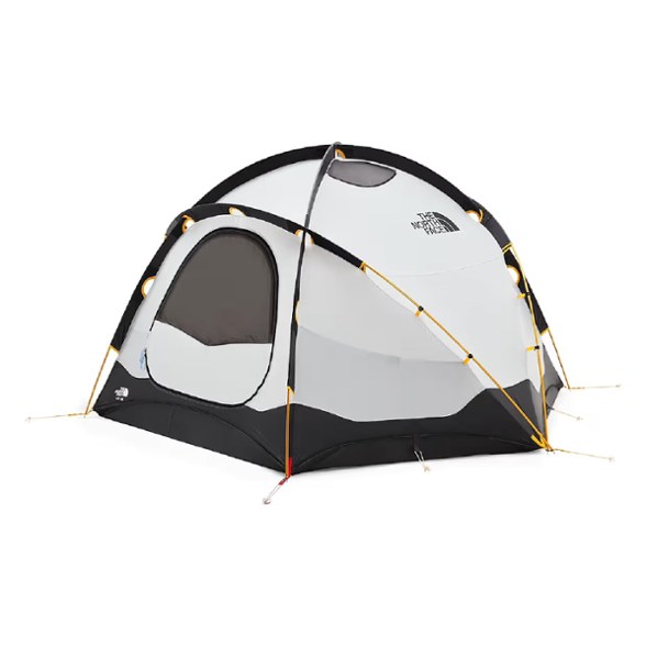 North Face VE 25 tent with dual doors in snowy conditions, showing its mountaineering capabilities.