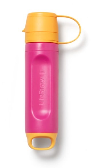 LifeStraw Peak Solo Portable Water Filter displayed against a scenic mountain backdrop, ideal for outdoor use.
