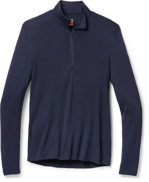 Front view of men's merino wool base layer top, perfect for outdoor sports.