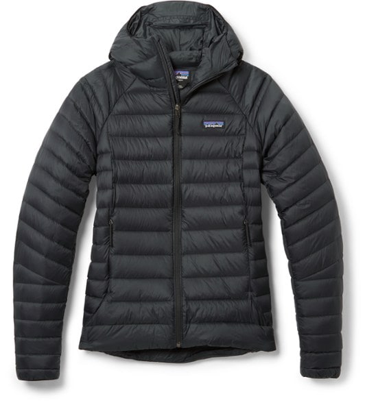 Front view of women's down jacket showcasing contoured fit and adjustable hood