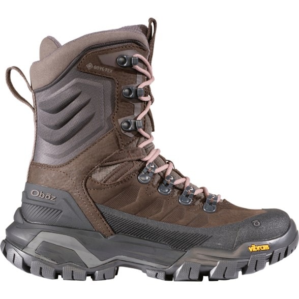Side view of Oboz Women's Bridger Peak GTX Waterproof Hiking Boots on rocky terrain.