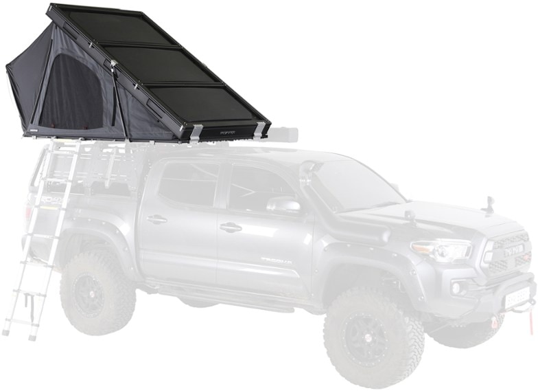 Blue Dot Voyager Duo Roof Top Tent set up on a vehicle with expansive views through the windows.