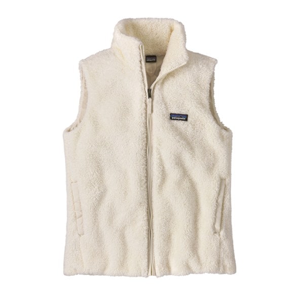 Front view of Patagonia women's fleece vest, showcasing tall collar and soft texture.