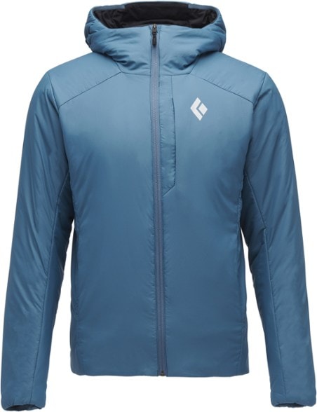 Men's insulated hoody in action on a snowy mountain, showcasing its flexibility and warmth.
