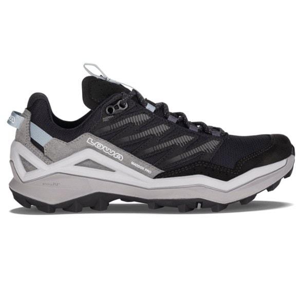 Maddox Pro GTX Lo hiking shoes showcasing a side view with rugged trail background.
