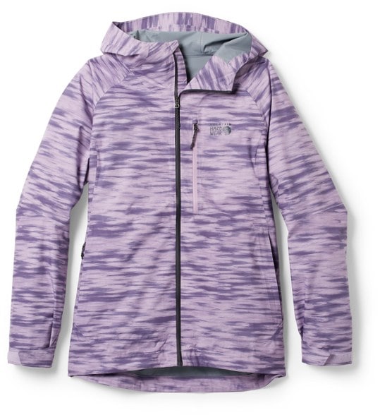 Front view of women's stretch waterproof jacket with adjustable hood during light rain