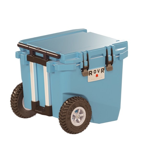 Top view of RovR TrailMate 45 wheeled cooler showing dry storage bin and ice-packed interior