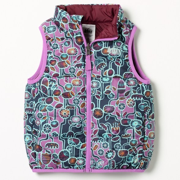 Front view of the Cozy Reversible 650 Down Vest for Infants and Toddlers, showcasing its stylish design.
