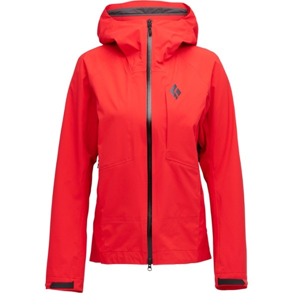 Front view of women's shell jacket with helmet-compatible hood, perfect for climbing in variable conditions.