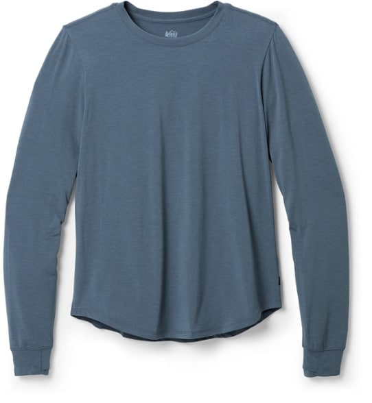 Active Pursuits long sleeve hiking shirt for women, showcasing the soft fabric and stretch fit during an outdoor hike.