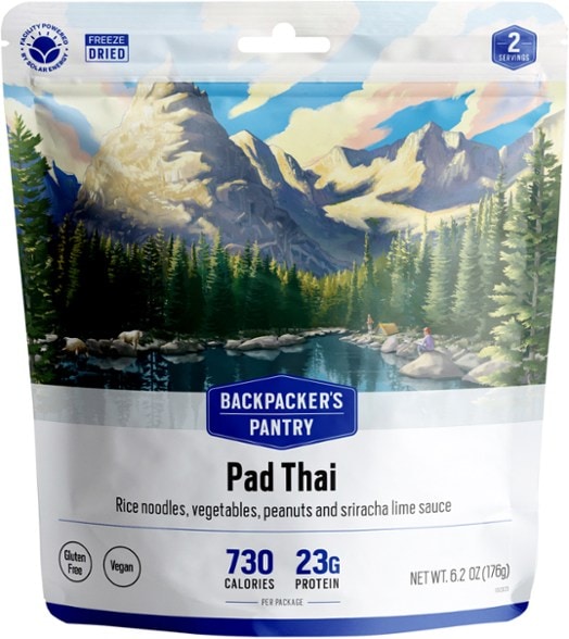 Close-up of TrailBlaze Sriracha Pad Thai freeze-dried meal showing rice noodles and crunchy peanuts