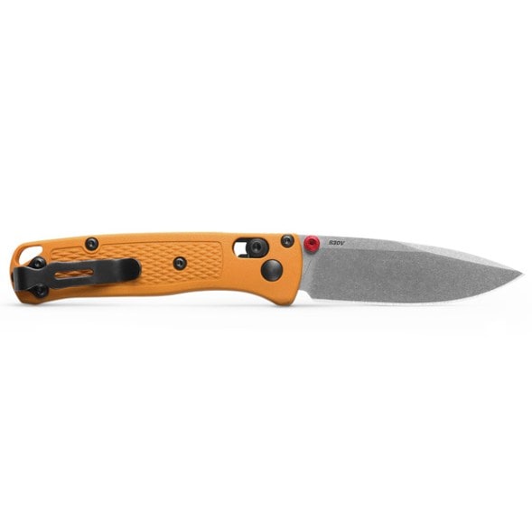 Close-up of the Benchmade Mini Bugout knife showcasing the satin blade and Daybreak Yellow handle.