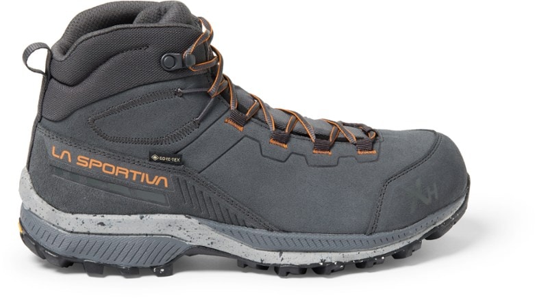 Close-up of La Sportiva TX Hike Mid GTX hiking boots highlighting the nubuck leather and waterproof features.