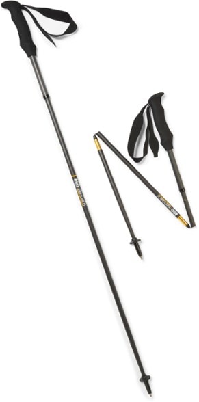 Side angle of SwiftFold carbon hiking poles collapsed and packed in mesh bag for trail runners