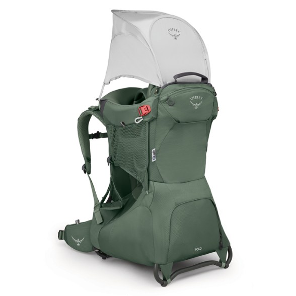Front view of the Osprey Poco baby carrier backpack with extended sunshade deployed on mountain trail