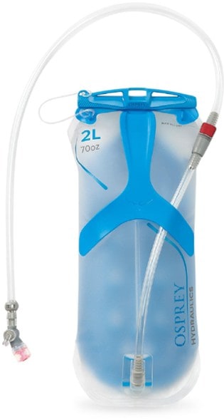 Osprey 2-liter hydration reservoir from the side, highlighting the ergonomic handle and bite valve.